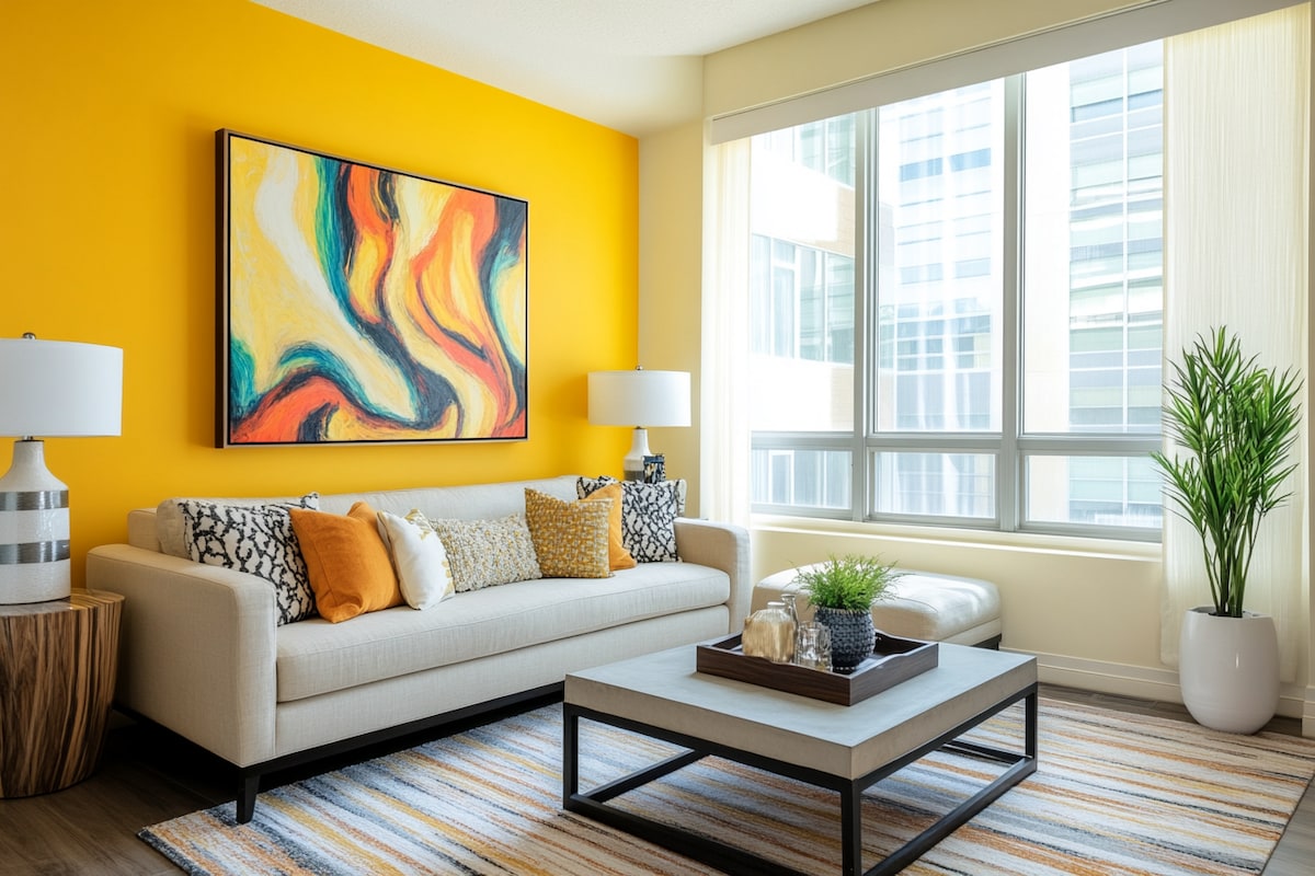 Modern Yellow Wall Paint Design For Living Room With Abstract Wall Art