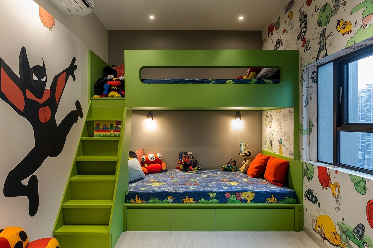 Modern Kids Bedroom Design with Green Bunk Bed and Multicolor Wallpaper