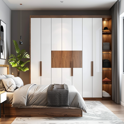Modern 4-Door Persian Walnut And Frosty White Swing Wardrobe Design