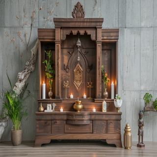 Minimal Walnut Bronze Mandir Unit Design With Drawer Storage