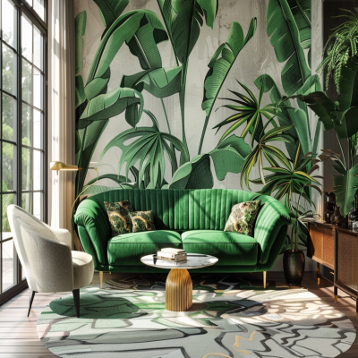 Modern Living Room Design With Two-Seater Green Sofa And Leafy Wallpaper