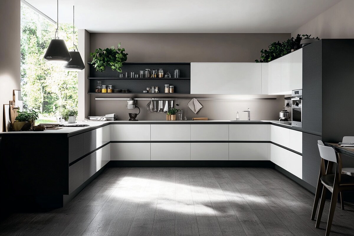 Modern Slate and White U Shaped Kitchen Design With Shelf Cabinet