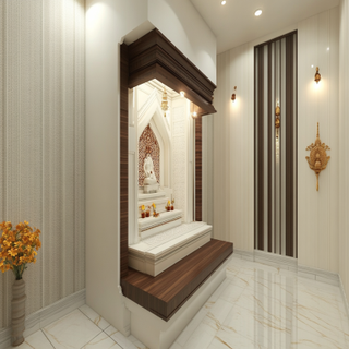 Traditional Mandir Design With Frosty White Laminates