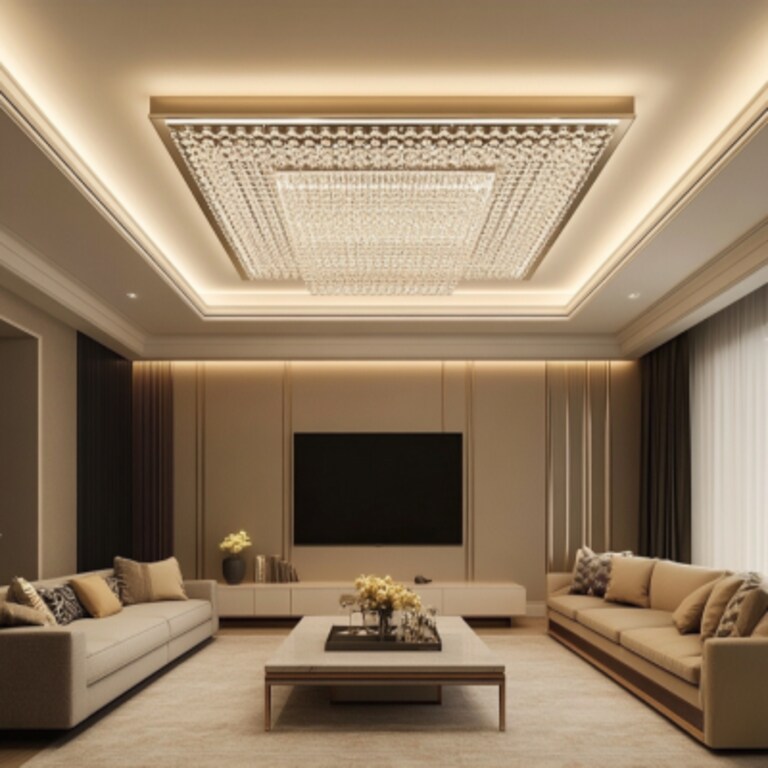 Modern Single-Layered Rectangular False Ceiling Design With Chandelier