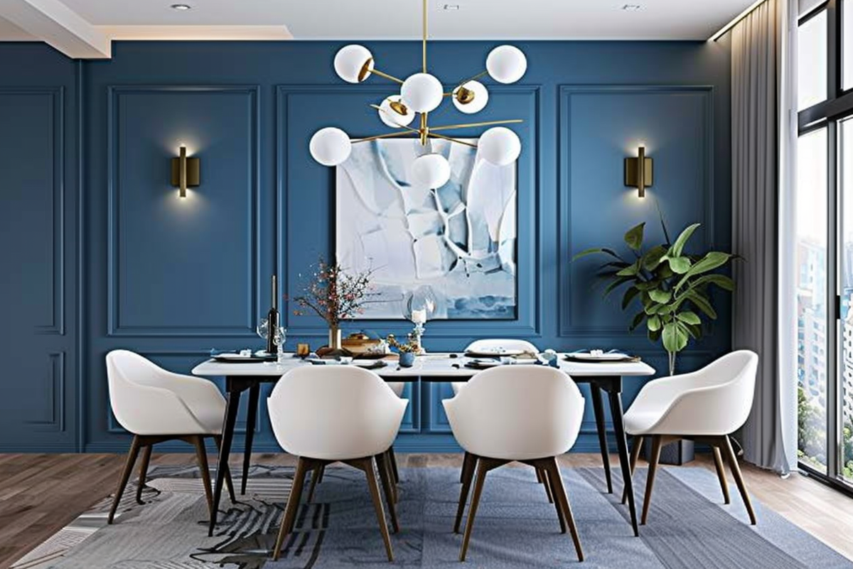 Mid-Century Modern 6-Seater White And Black Dining Table With Blue Accent Wall