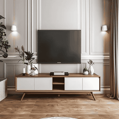 Classic Wooden Floor-Mounted TV Unit Design with 3-Compartment Storage and White Wall Panels