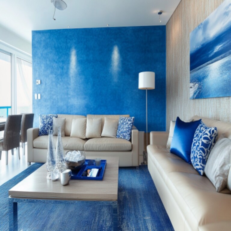 Contemporary Blue Living Room Design With Blue Textured Wall Paint