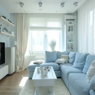 Contemporary White Living Room Design With Light Blue Sectional