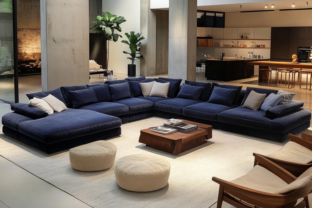 Modern Living Room Design With Dark Blue Sectional Sofa And Beige Chairs