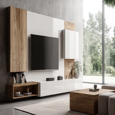 Contemporary Frosty White And Wood TV Unit Design With Glossy Back Panel