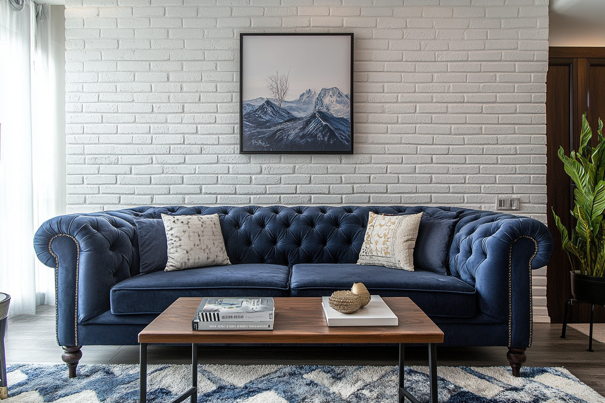 Modern Living Room Design With Dark Blue Chesterfield Sofa And White Brick Accent Wall