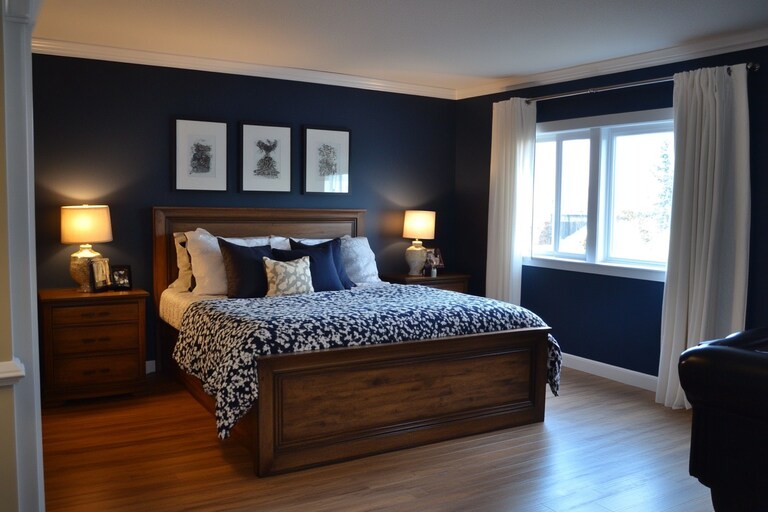 Dark Blue And White Wall Paint Design For Bedroom