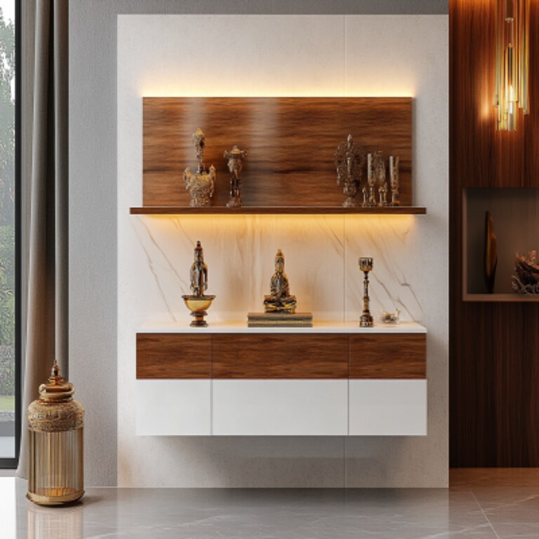 Contemporary Wall-Mounted Pooja Unit Design with Open Rack