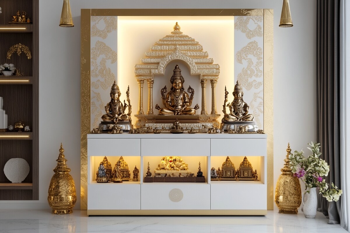 Golden Campino Modern Pooja Room Design