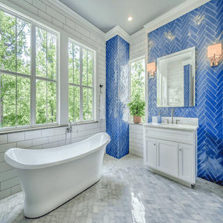 Modern Bathroom Design with Blue and White Herringbone Subway Tiles