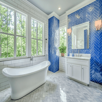 Modern Bathroom Design with Blue and White Herringbone Subway Tiles