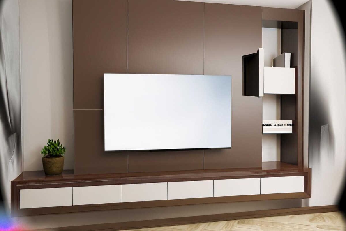 Modern TV Unit Design in Brown and White Laminate Modern TV Unit Design in Brown and White Laminate