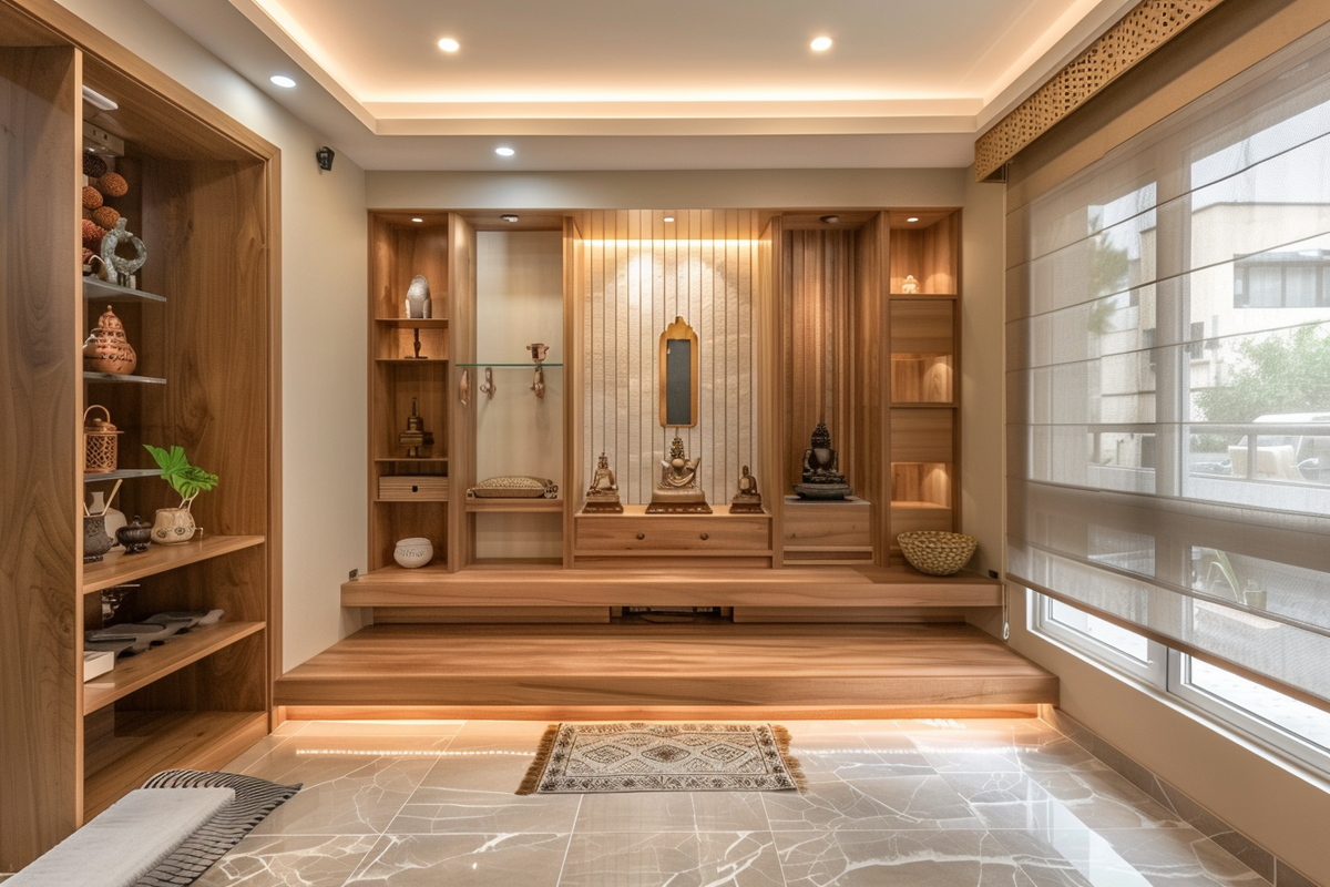 Modern Beige And Wood Floor- Mounted Mandir Design With Wooden Storage