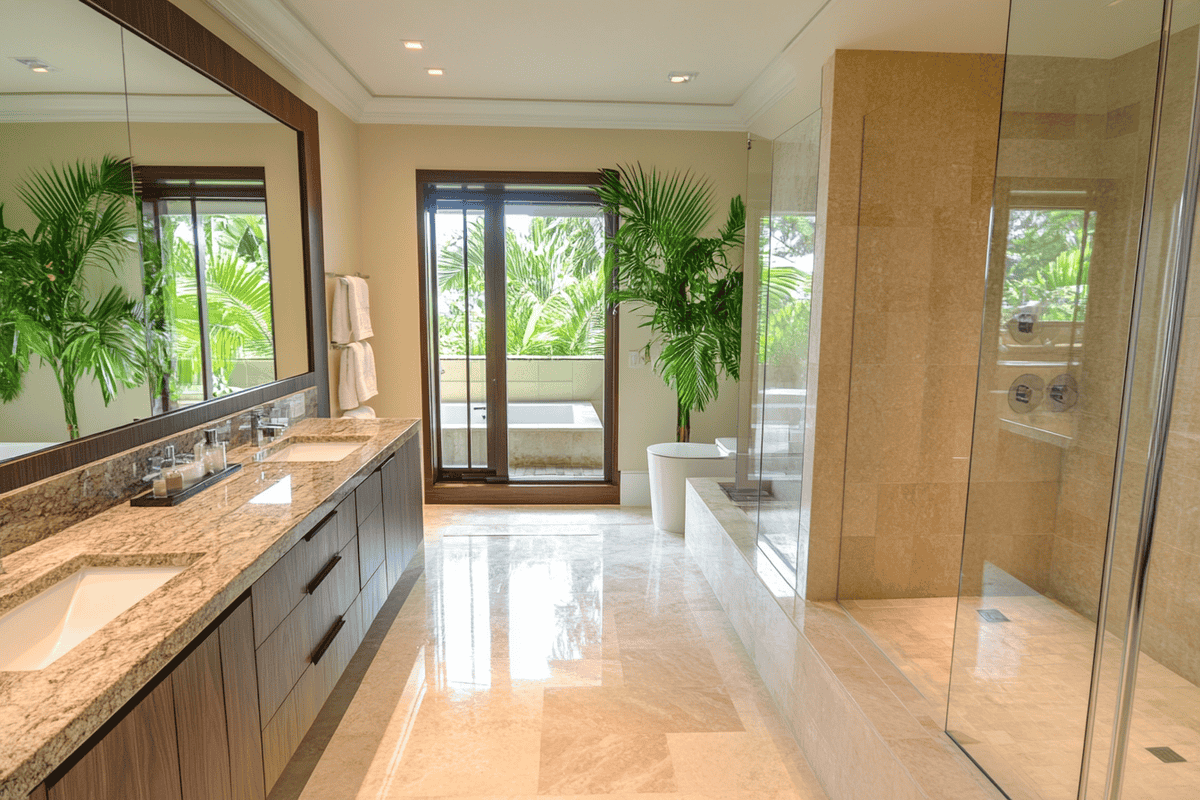 Glass Partition and Marble Countertop Modern Bathroom Design