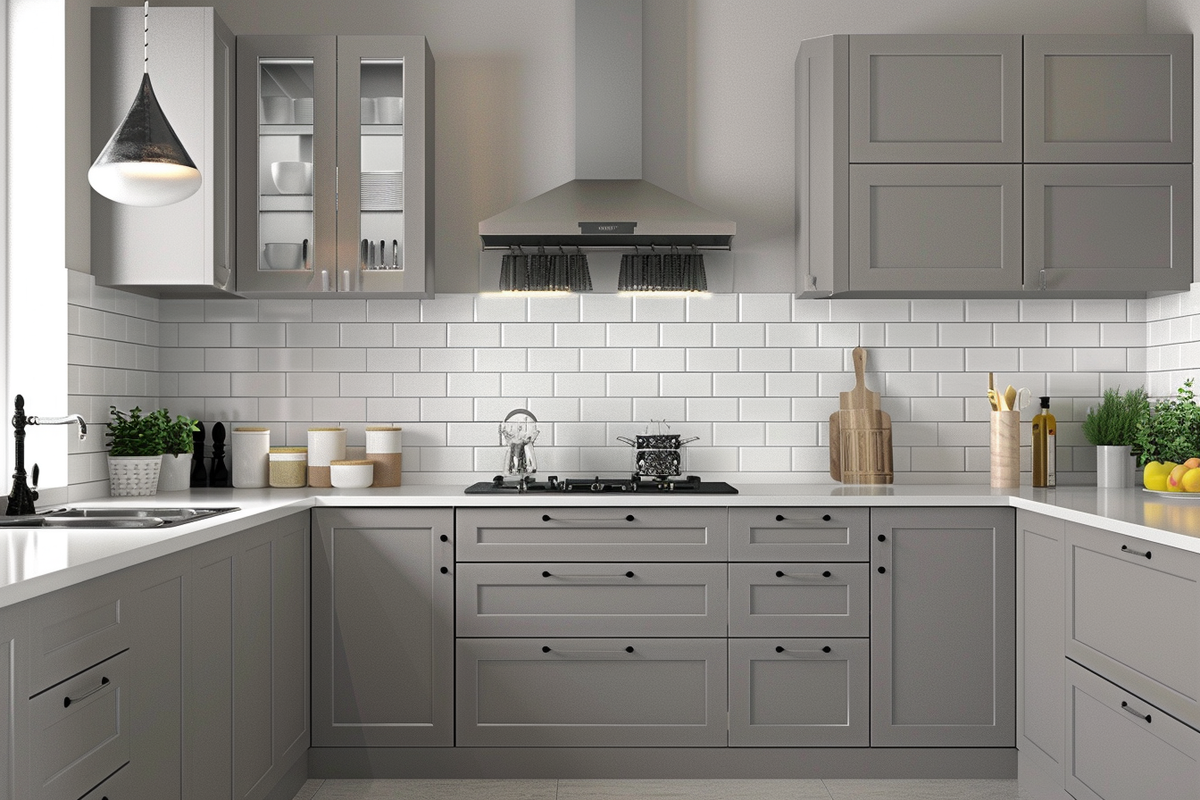 Modern Dove Grey Modular Parallel Kitchen Design With White Brick Subway Dado Tiles