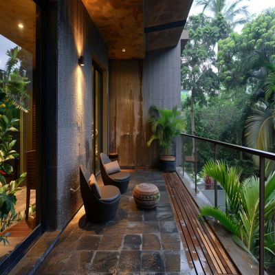 Tropical Balcony Design With Concrete Grooved Wall And Brown Matte Flooring