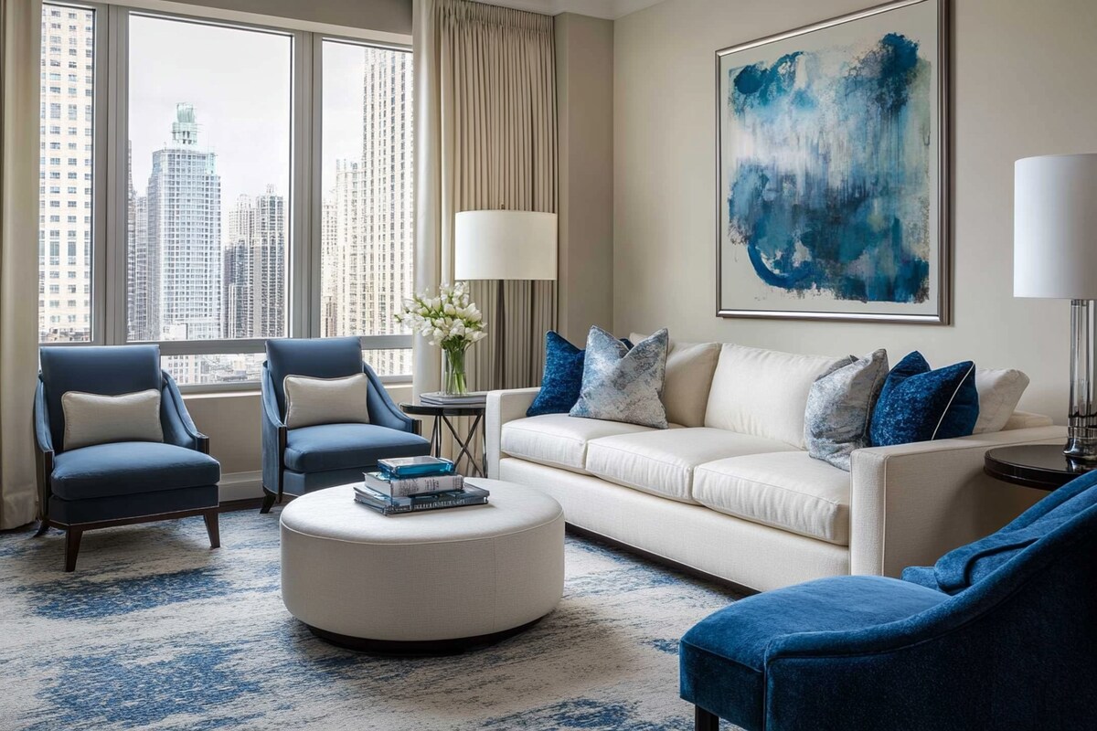 Modern Living Room Design With White Sofa And Blue Accent Chairs