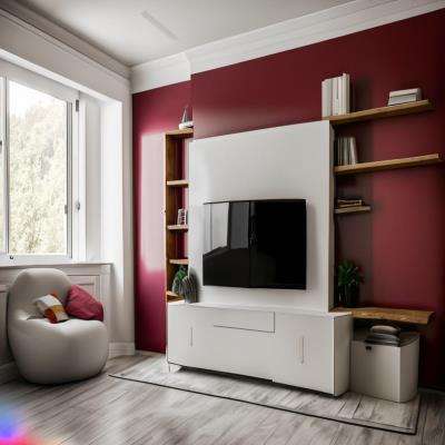 Modern TV Unit Design in White and Maroon Laminate with White Flooring