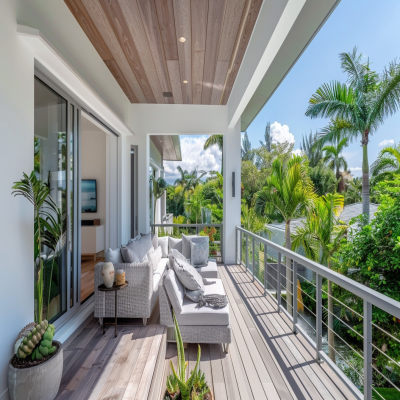 Tropical White And Grey Balcony Design With Wooden Flooring