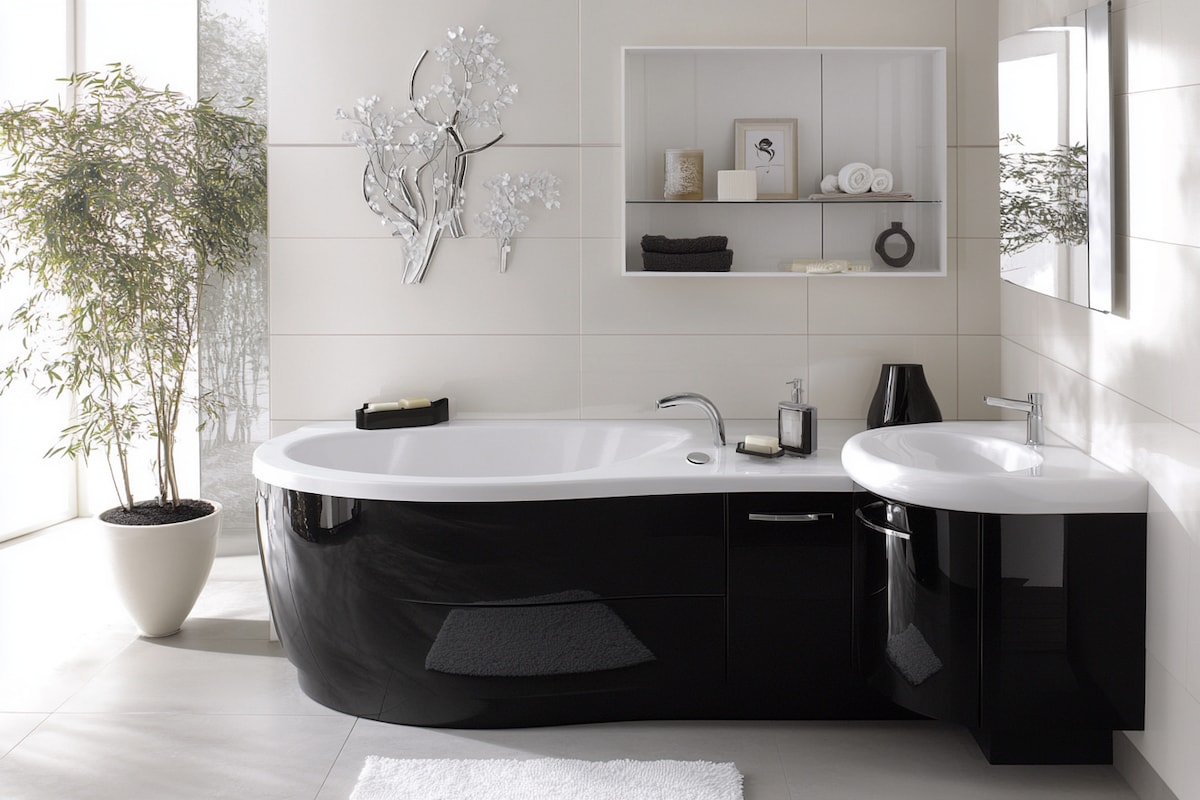 Contemporary Black And Cream Bathroom Design With White Storage