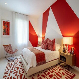 Modern Red And White Bedroom Wall Paint Design With Geometric Motifs