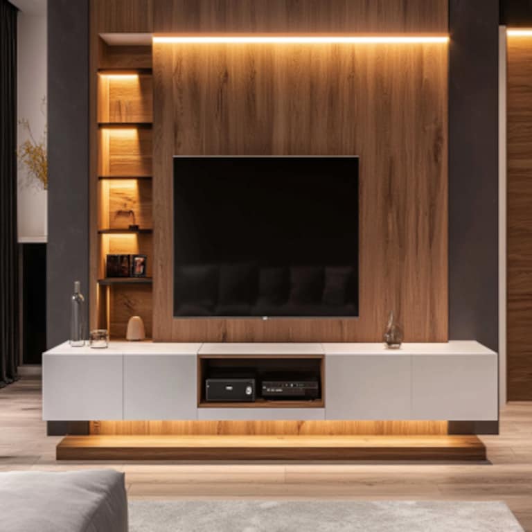 Modern White and Walnut Bronze TV Unit Design with Wooden Panelling