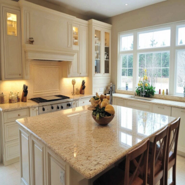 Contemporary White L-Shaped Kitchen Design with Granite Countertop