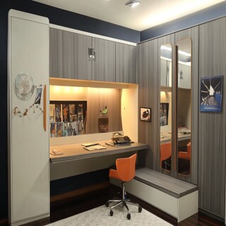 Modern 4-Door Grey Swing Wardrobe Design With Integrated Study Table And Seater