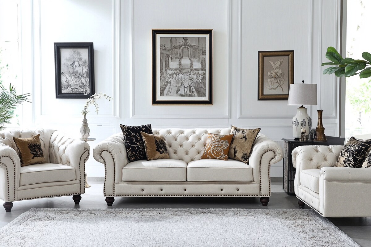 Classic Living Room Design with Chesterfield Cream Sofa and Accent Chair