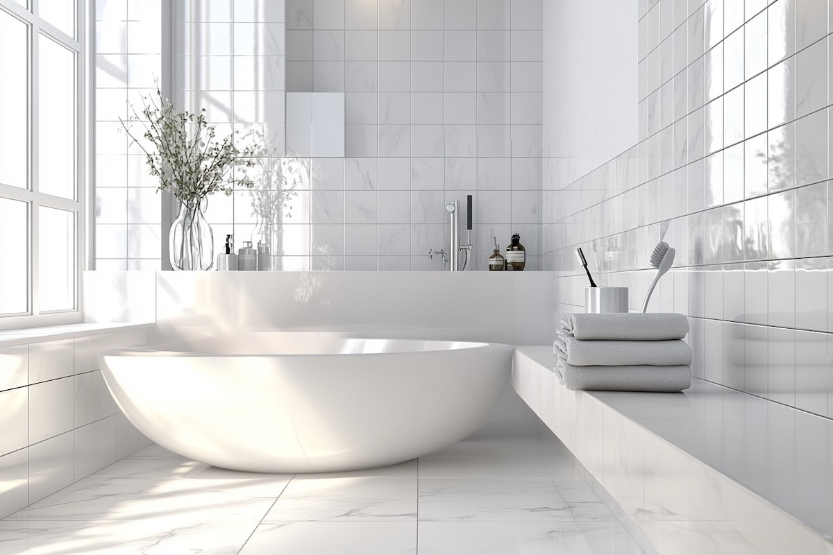 Modern Bathroom Design with White Tiles and Marble Countertop