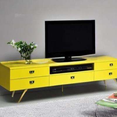 Classic TV Unit Design in Yellow Laminate with Grey Rug