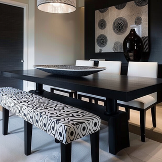 Contemporary 3-Seater Black Dining Room Design With White Patterned Bench