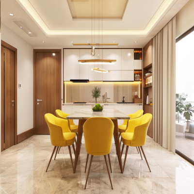 Modern 6-Seater Wood And Off-White Dining Room Design With Yellow Chairs