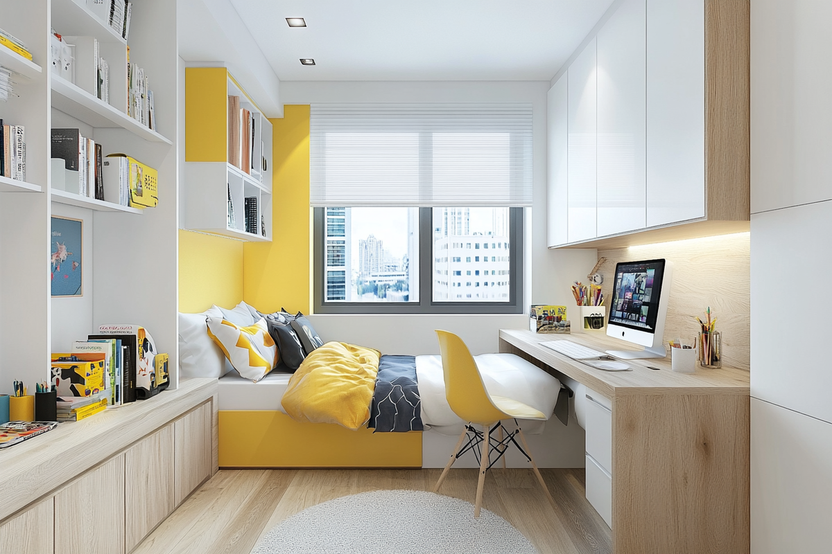 Modern White And Wood Kids Room Design With Yellow And White Study Unit