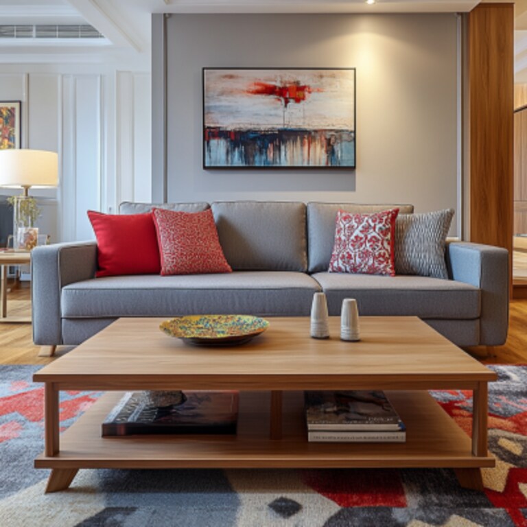 Modern Living Room Design With Grey Upholstered Sofa And 2-tiered Wooden Coffee Table