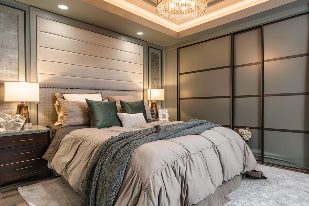 Contemporary Grey Master Bedroom With 2-door Frosted Shutter Sliding ...