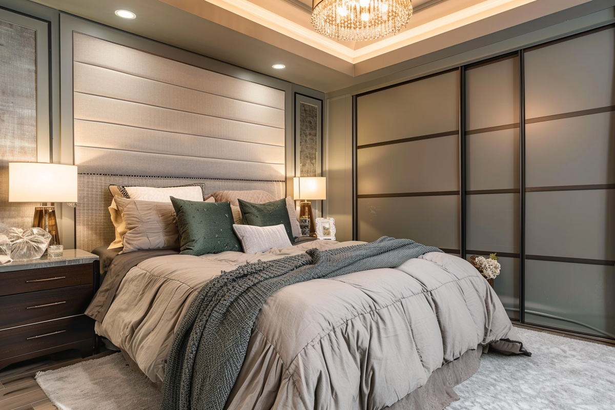 Contemporary Grey Master Bedroom With 2-door Frosted Shutter Sliding Wardrobe