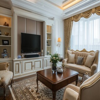 Traditional Brown and White TV Unit Design in Suede Finish