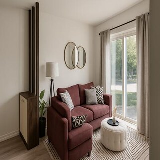 Compact Living Room Design with Red Sofa and Corner Seating