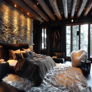 Modern Master Bedroom Design With Wooden Rafter Wall