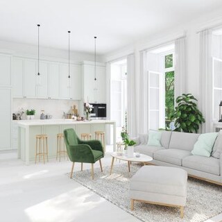 Open Living Room Design With Kitchen Island And Large Windows