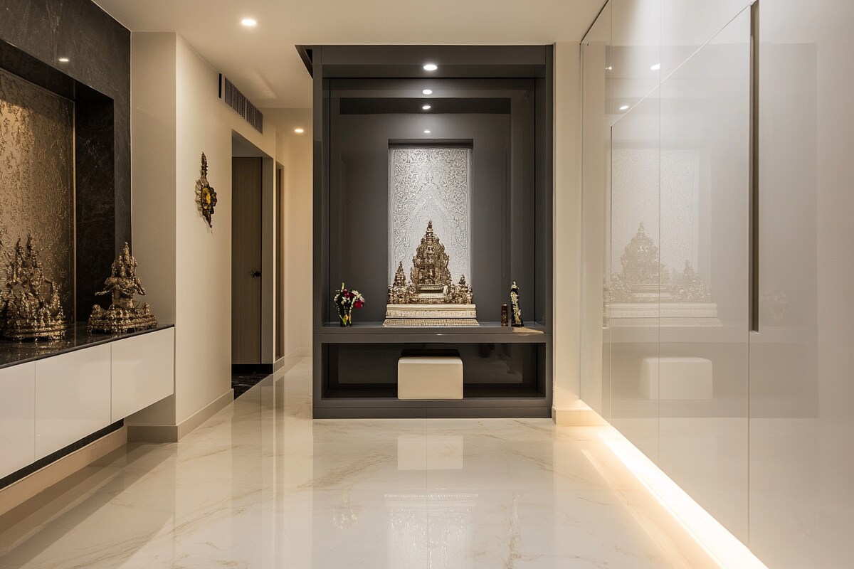 Modern Open Grey And White Mandir Design Integrated With A Spacious Storage Unit Modern Open Grey And White Mandir Design Integrated With A Spacious Storage Unit