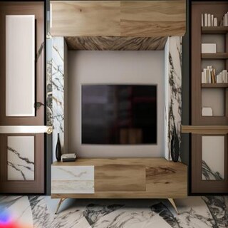 Rustic TV Unit Design in Wooden Laminate with Marble Flooring