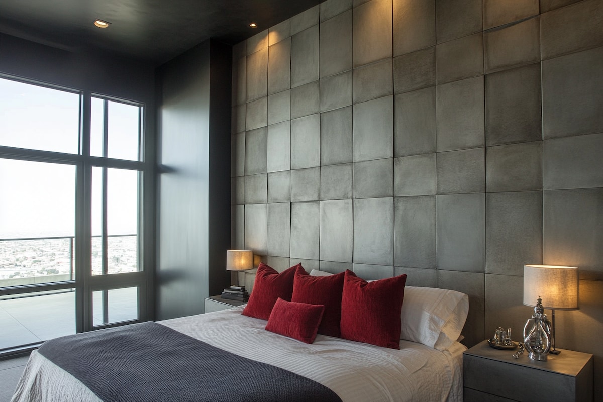 Industrial Bedroom Wall Design With Grey Concrete Square Panels