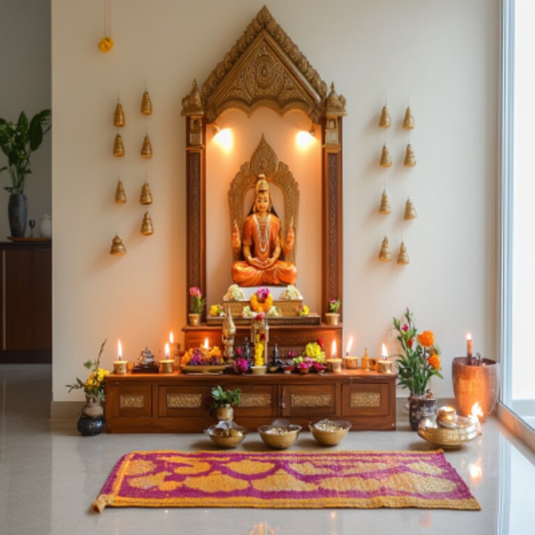 Modern Mandir Design With Closed Cream-Coloured Storage Units